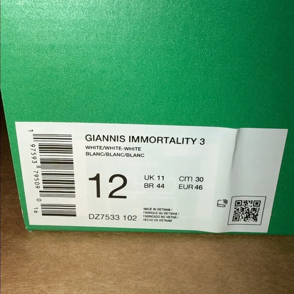 Nike Giannis Immortality 3 Triple White DZ7533-102 Men’s Size 12